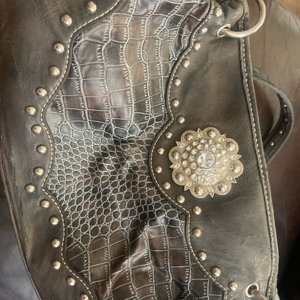 Black Studded Leather Handbag with Silver Accents